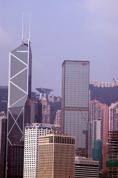 Bank of China Tower and Cheung Kong Center framing The Peak Tower