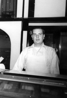 Bob as Jr. in High School Working at Meat Counter in Dads Mason City, Iowa Store