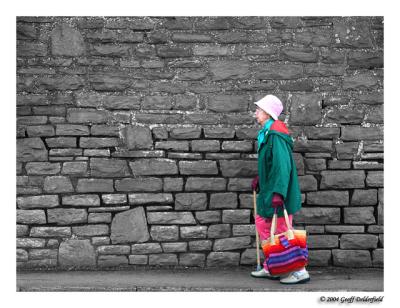 colourful old lady - background BW