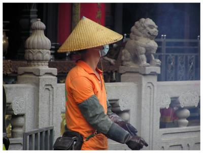 Full suit to battle the smoke from the joss sticks