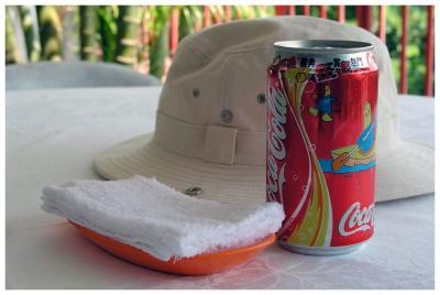 Three best things for a Hot Summer, tower, hat and a can of cold coke!
