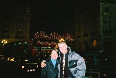 Later that night after seeing Harry Potter at midnight.  Regent Street Christmas lights are in the background.  (sort of!)