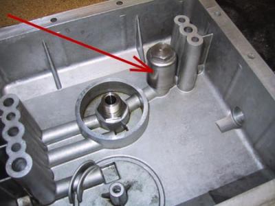 Guzzi sump. (Arrow pointing to relief valve)