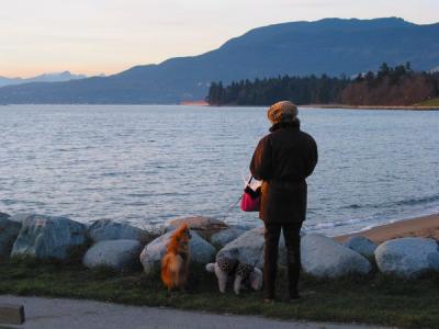 A woman and her lovely dogs at Sunset