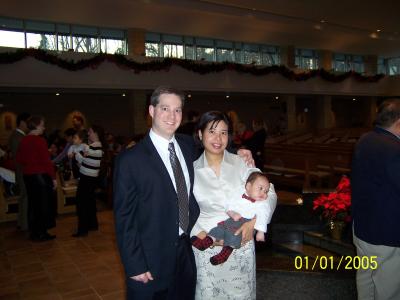 John, Tricia, and Evan at St. Thomas More Church in Chapel Hill, NC for Evan's baptism