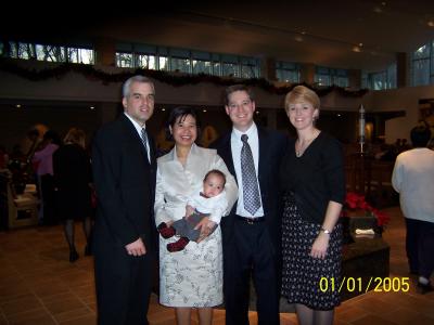 Tricia's brother-in-law, Michael, and Tricia's and John's friend, Stacey, served as godparents for Evan's baptism at St. Thomas More Church in Chapel Hill, NC