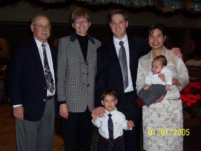 Grandpa, Grandma, Ben, John, Tricia, and Evan before Evan's baptism at St. Thomas More Church in Chapel Hill, NC