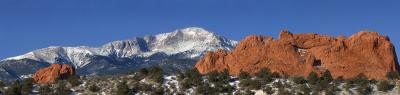 Garden of the Gods and Pikes Peak Panorama
This is five shots stitched together to create the final image.  The red rocks are 400-500 feet tall, so the scale of this scene is massive!  At the top left of the red rocks are the 'Kissing Camels.  Take a look at this in original size to get a sense of the details!

This image won a POTD at www.digitalphotocontest.com on February 24, 2004!  I was also contacted by the Colorado Springs Business Journal, who has expressed an interest in purchasing this photo to use on their web home page! Details to follow!