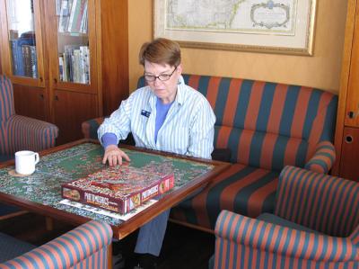 In the ship's well-stocked library, one passenger chose a jigsaw puzzle, . . .