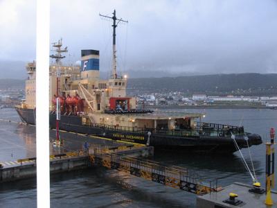 Russian ice-breaker, turned Antarctic cruise ship, across the pier as we make our approach.