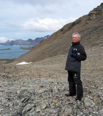 The ship's doctor at the halfway point, with Endeavor far below at Stromness.