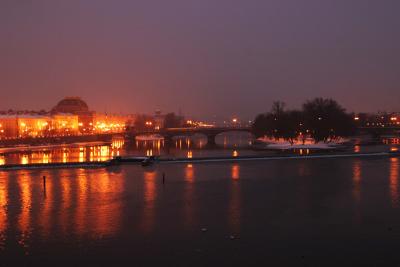 River Vtlava at dusk, from the Charles Bridge where St. John of Nepomuk went for a final swim