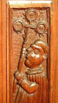 Bench end, All Saints, Trull