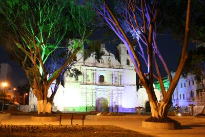 Cathedral at the main square illuminated by dodgy neon lights