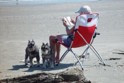 SARA READING ON THE BEACH WITH THE BOYS