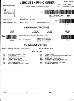 Last Daytona Shipping Order: to Zimmermans Garage in Sunbury Pa. 3/2/93