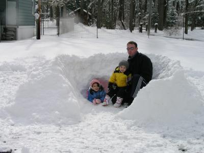 Daddy, Kyle, and Sarah in the Snow Fort of 2005