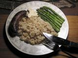 typical dinner at home - turkey sausage, photographer-made hummus bi tahini, asparagus, brown rice