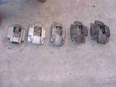 Diffrent types of 917 calipers, Starting on the left , Teves Ate, Gulf Girling conversion, Girling, ATE cross fin, ATE Late.
