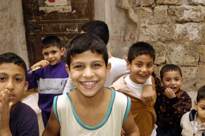 The camera gathers the crowd of kids, Sidon, Lebanon