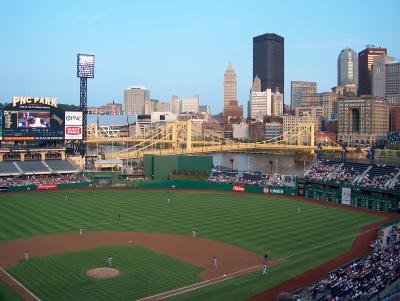 Beautiful PNC Park gazing across the Allegheny River at the Clemente Bridge and the Pittsburgh Skyline