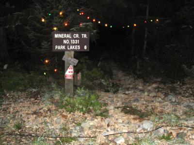 Trailhead adorned with lights