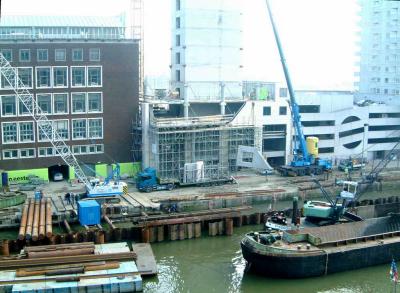 Part of the facade being hoisted up