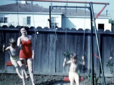 Betty, Steve, and Greg at Bob and Gladys'; Inglewood, Calif., 1950