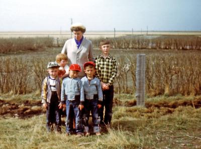 Lorraine and Terry, Kevin, Steve, Greg, and Murray at Sam Jack's farm, Sask., 1952