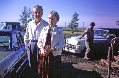 Bob, Gladys, and Paul at farm house; Diana, Sask., 1964