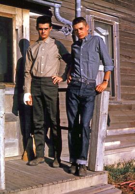 Greg and Steve on farm; Diana, Sask.; 1956