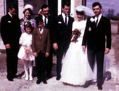 Mike, Betty, Paul, Greg, Donna, Steve, Lorraine, and Chris at Greg's wedding; Wilcox, Sask., 1968