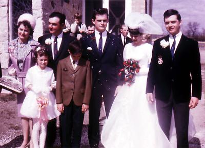 Betty, Paul, Greg, Donna, Steve, Lorraine, and Chris at Greg's wedding; Wilcox, Sask., 1968