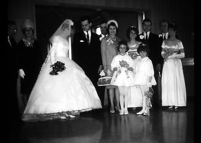 Greg at Donna and bridal party at their wedding; Wilcox, Sask., 1968