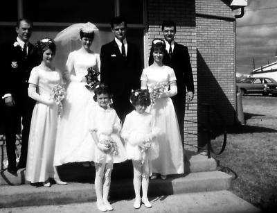 Kevin, bridesmaid, Donna, Greg, Steve, bridesmaid, Lorraine, and Cara Lee; Wilcox, Sask., 1968