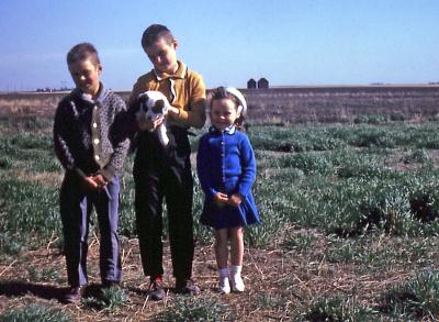 Chris, Mike and Cocoa, Lorraine at farm; Diana, Sask., 1964
