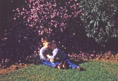Greg giving Steve a kiss at Bob and Gladys'; Inglewood, Calif., 1952