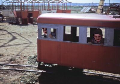 Steve and Greg at amusement park; Inglewood, Calif., 1951