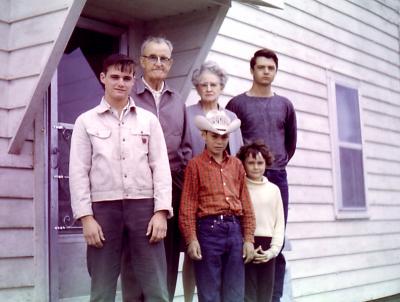 Mike, Bob, Gladys, Steve, Chris, and Lorraine at farm; Diana, Sask., 1968
