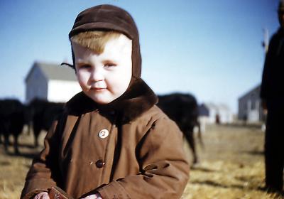 Terry at Fred and Hattie's farm; Wilcox, Sask. 1953