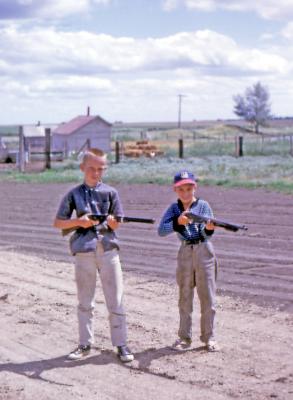 Tim and Chris at farm; Diana, Sask., 1965
