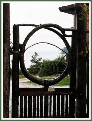 A whimsical garden gate at Hollyhock.