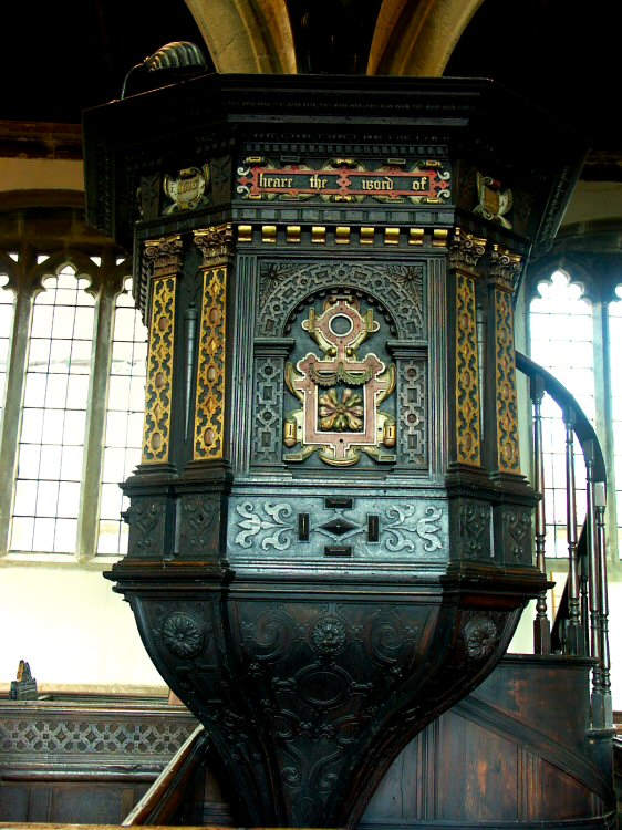 Jacobean pulpit at St. Mary, Croscombe