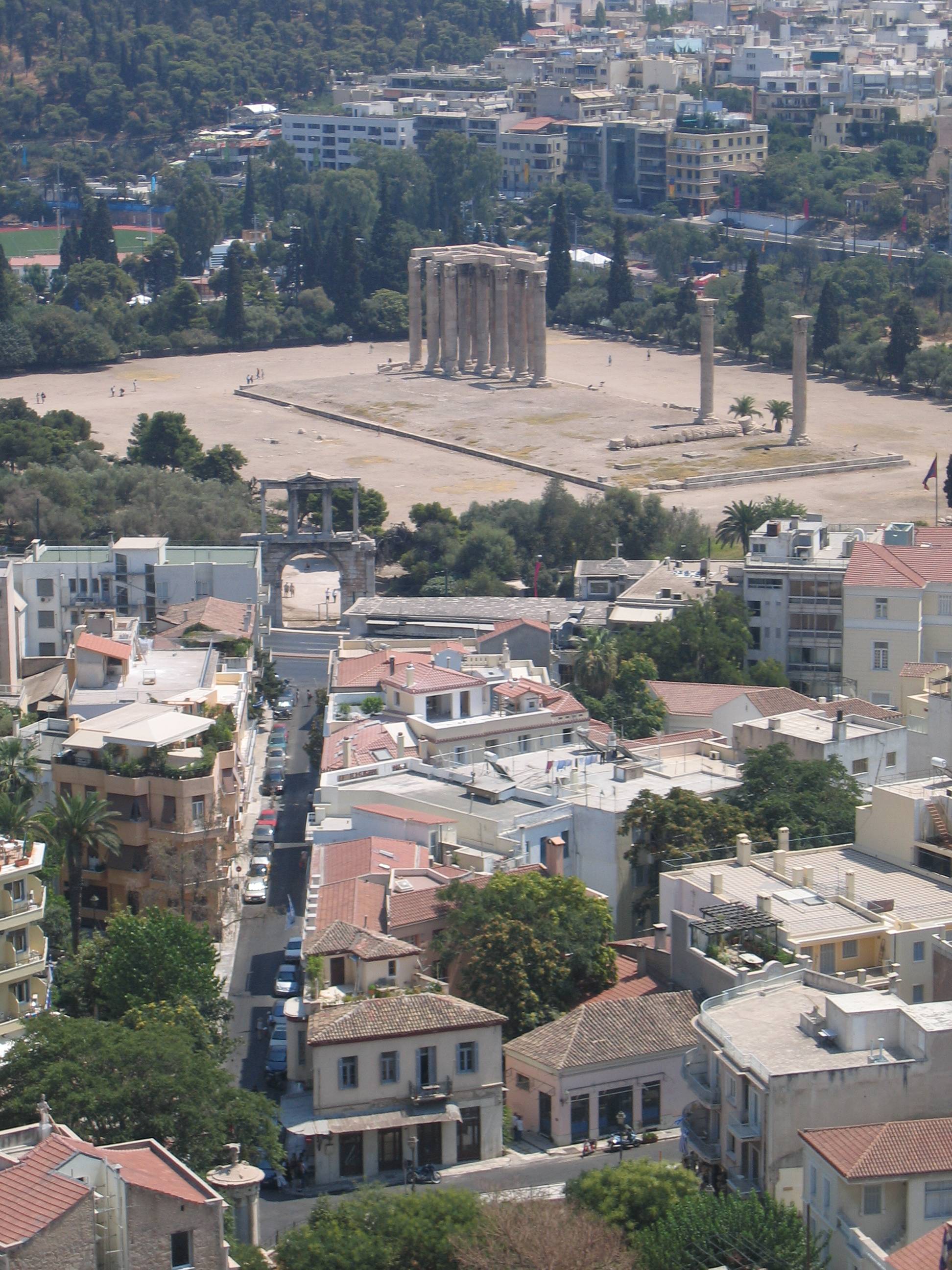 view from Acropolis onto old Olympic Stadium in Athens