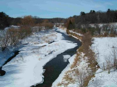 The frozen Credit River as it runs through Georgetown