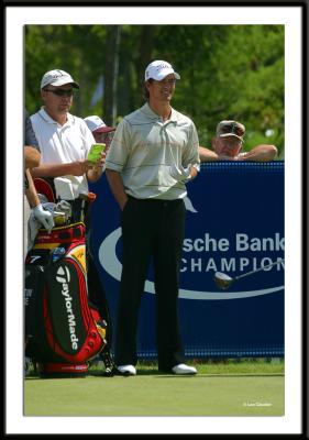 Last year's Champion, Adam Scott, on the tee during his practice round.