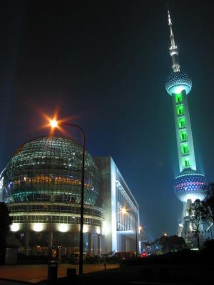 International Convention Center and Oriental Pearl TV Tower -- Night Closeup