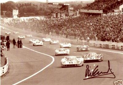 Pedro Rodriguez 18 Vic Elford 21 Jo Siffert 17 Mark Donohue 11 just after the start of the Le Mans 24 Hours 1971.jpg