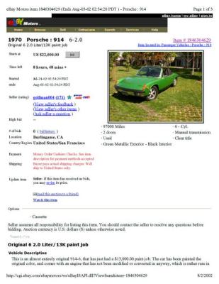 1970 Porsche 914-6 sn 9140432526 eBay Aug032002 Asking 22K - Photo 01
