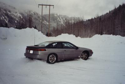 Silver SVX drifting in the snow